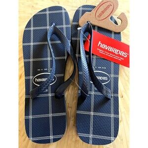 Havaianas Flip Flops 13 NWT Thong Sandals Blue Plaid Logo Shoes Surfer Slippers